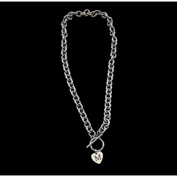 M Letter Charm Heart Silver Tone Choker Necklace Toggle Clasp Initial Jewelry - Picture 1 of 4